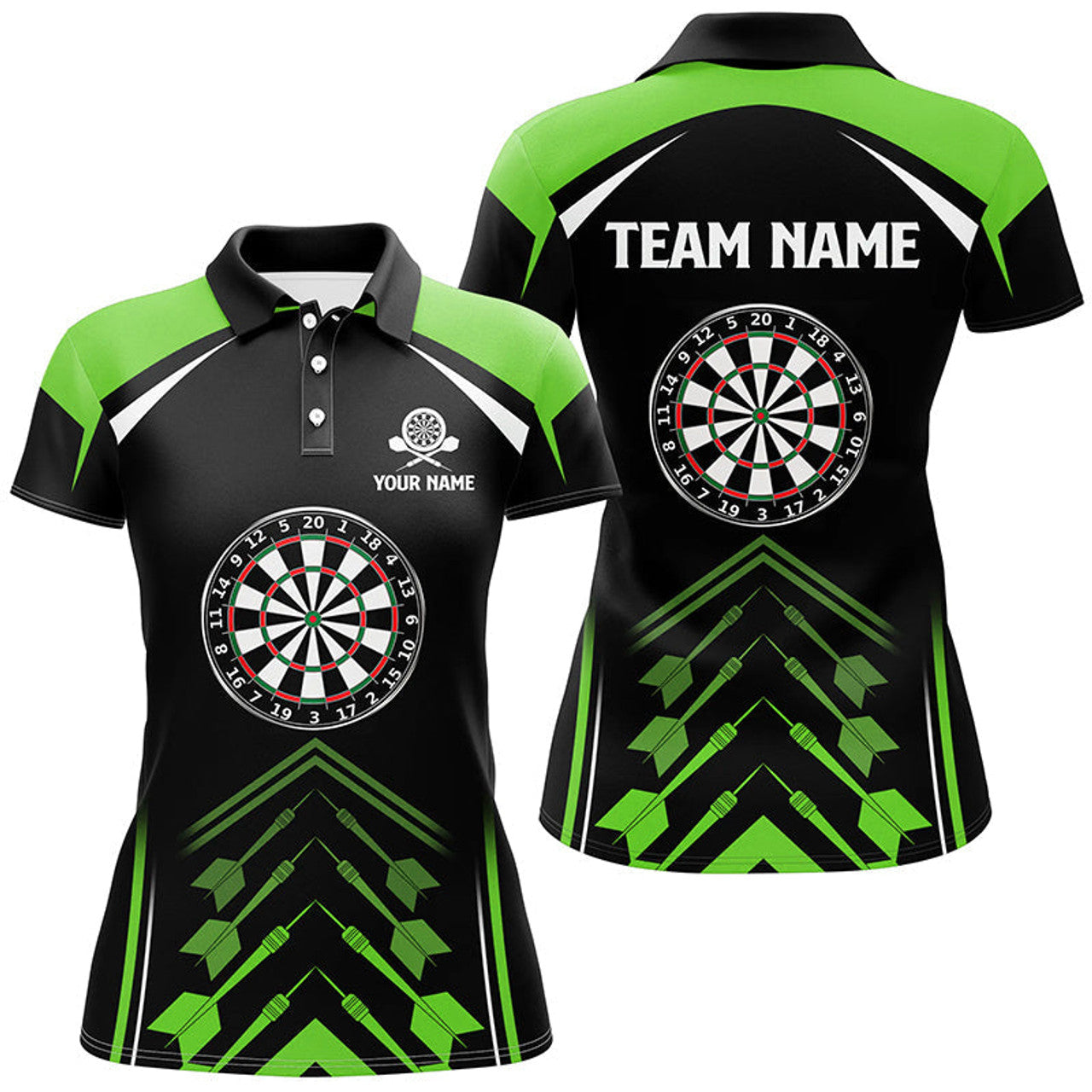 Custom Personalized Green Black Womens Darts Polo Shirt Custom Darts Shirt For Women Dart Jerseys