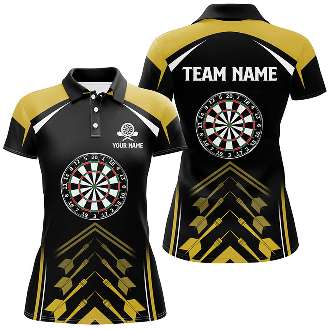 Custom Personalized Yellow Black Womens Darts Polo Shirt Custom Darts Shirt For Women Dart Jersey