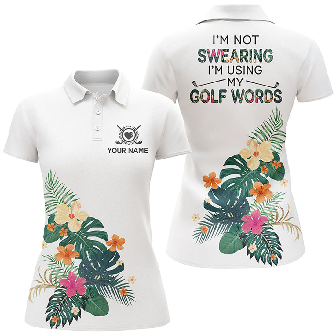 Custom Womens Tropical Flower Golf Polo Shirt Personalized White Golf Shirts For Women Tropical Golf Gifts