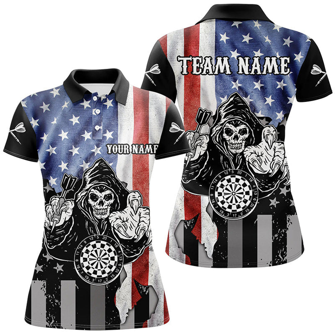 Custom Personalized Vintage American Flag Womens Darts Polo Shirt Skull Darts Jersey For Women