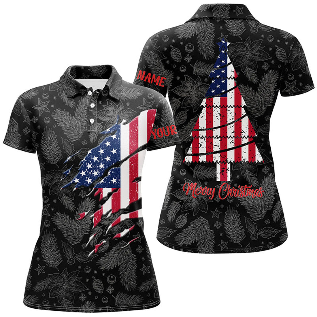 Custom American Flag Christmas Golf Polo Shirt Custom Retro Patriotic Golf Shirt For Women Golf Gift