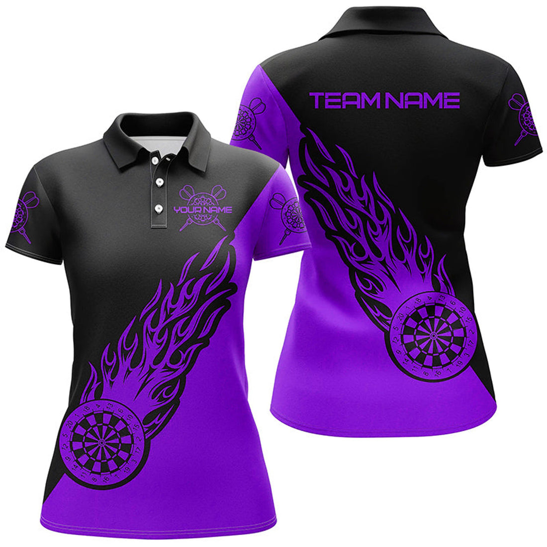 Custom Personalized Purple Black Flame Womens Darts Polo Shirt Darts Shirt For Women Dart Jerseys