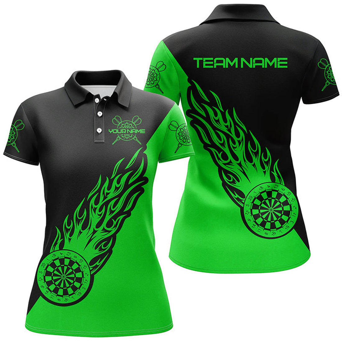 Custom Personalized Green Black Flame Womens Darts Polo Shirt Darts Shirt For Women Dart Jerseys