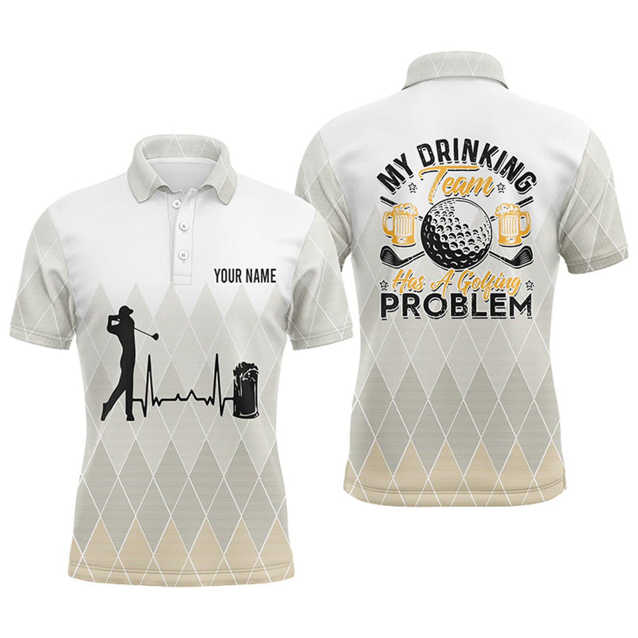 Custom Argyle Pattern Mens Golf Polo Shirt, Personalized Heartbeat Beer Golf Shirts For Men, Golfer Gifts