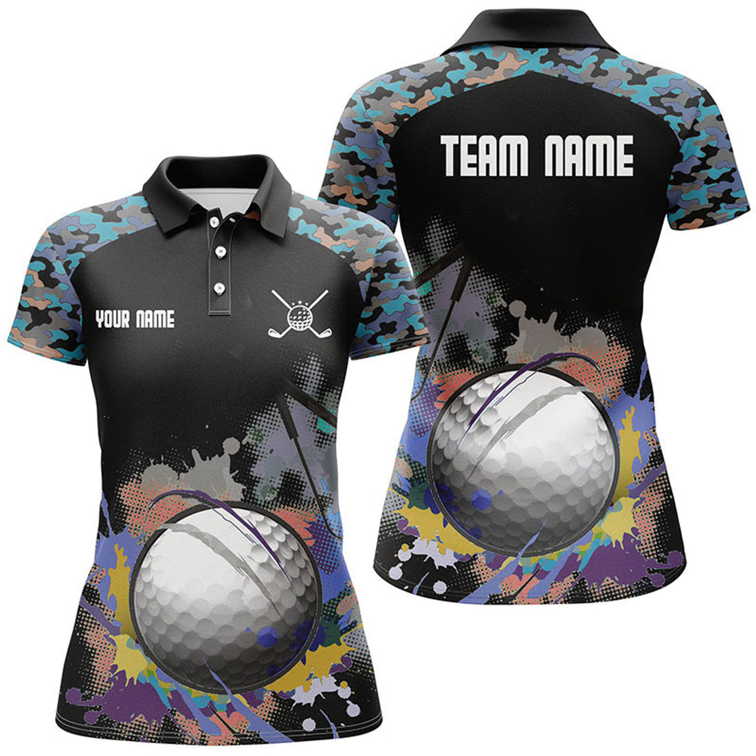 Custom Colorful Camouflage Womens Golf Polo Shirt, Personalized Multicolor Wet Paint Golf Shirts For Women
