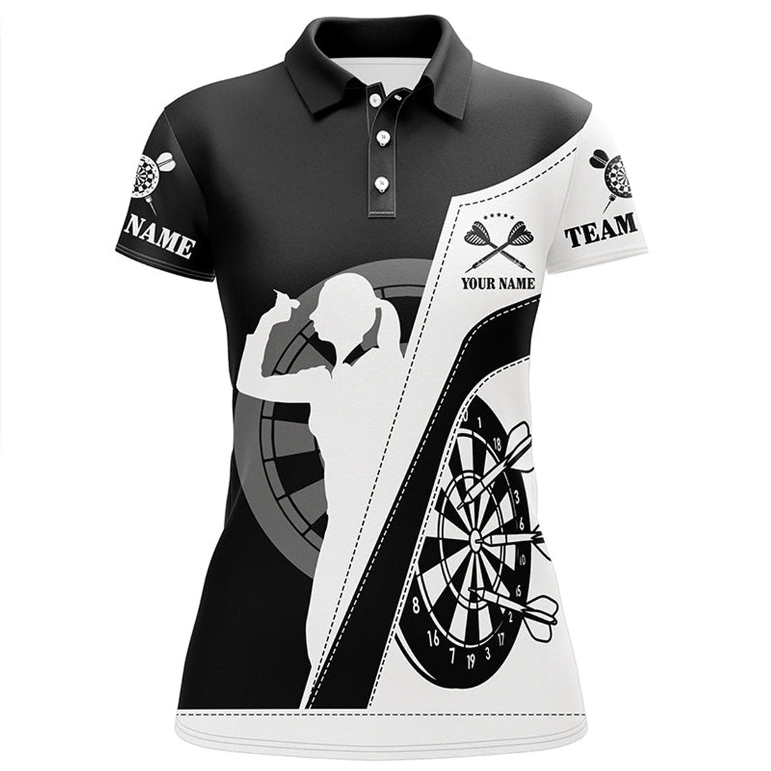 Custom Personalized All Over Print Black White Dart Polo Shirt Custom Darts Shirt For Women