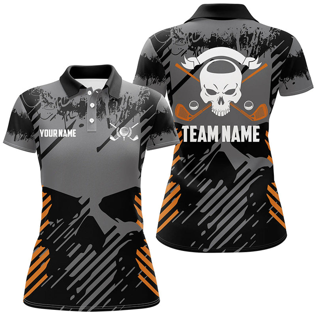 Custom Grey Grunge Orange Skull Golf Polo Shirts Custom Golf Shirts For Women Scary Golf Gifts