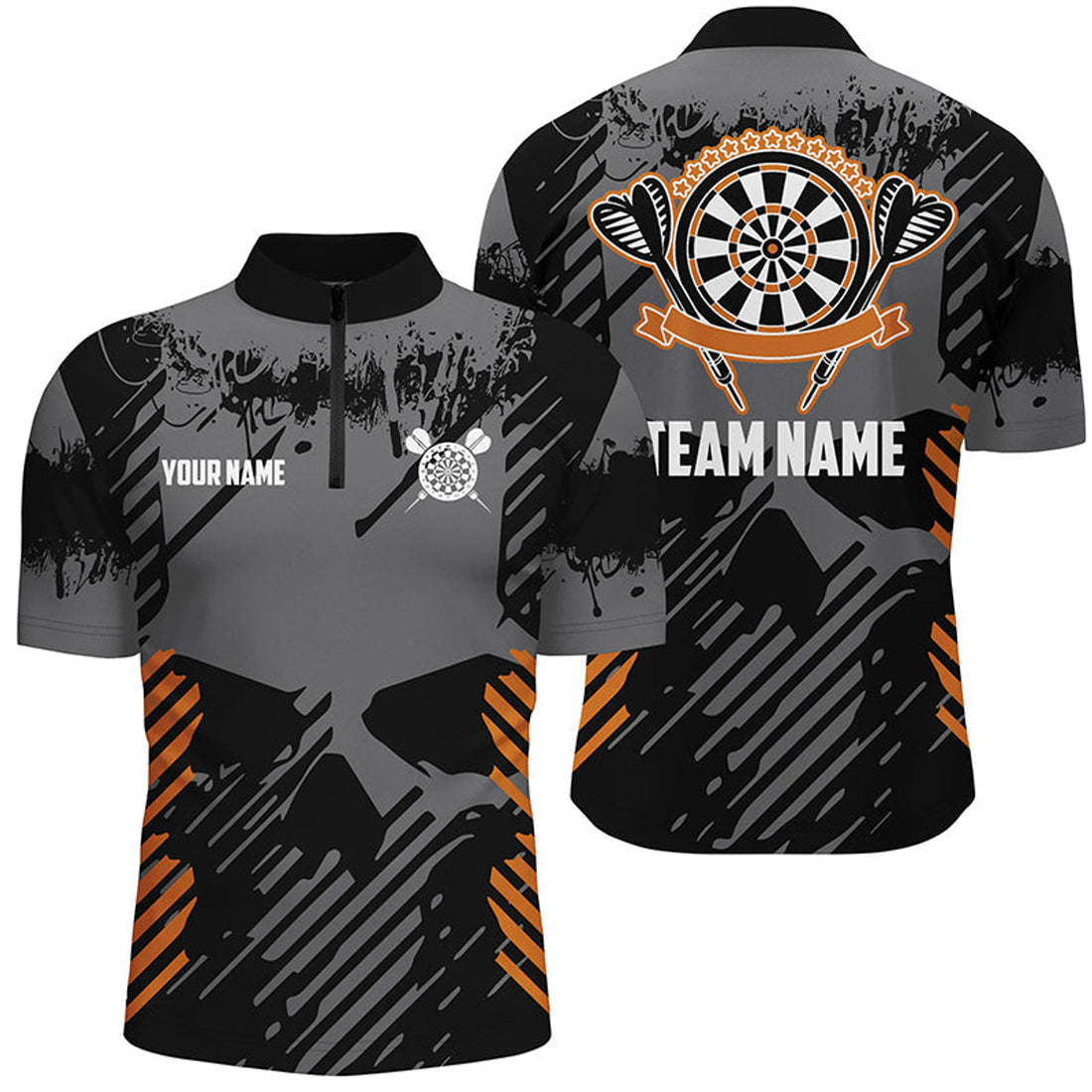 Custom Grey Grunge Orange Skull Darts Quarter-Zip Shirts Custom Dart Shirts For Men Dart Jersey