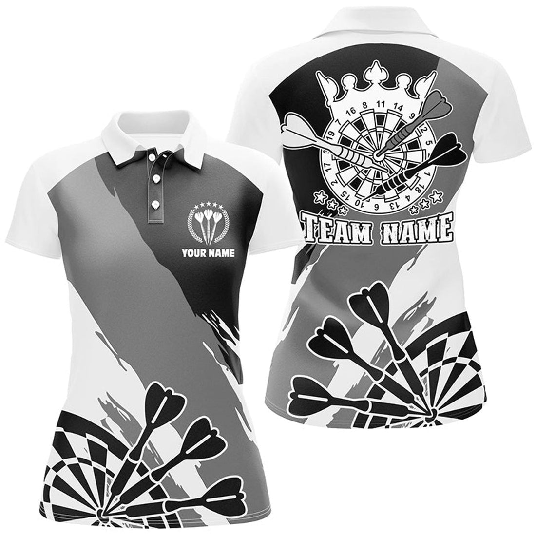 Custom Personalized Black White Womens Darts Polo Shirt Custom Dart Shirt For Women Darts Jersey