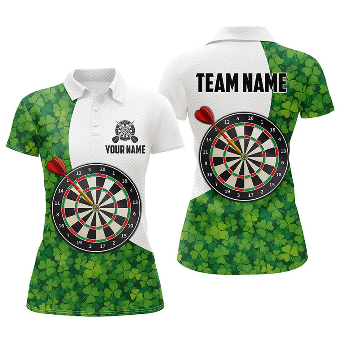 Custom St Patrick Day Green Clover Leaf Womens Darts Polo Shirts Custom Dart Jerseys For Women