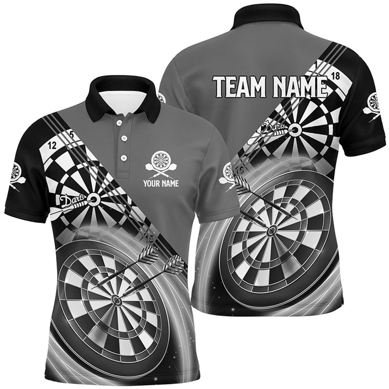 FUNSTUFFPRINT Black Grey Mens Darts Polo Shirt With Name Customized Darts Shirts For Men Dart Polo Shirt Size S-5XL
