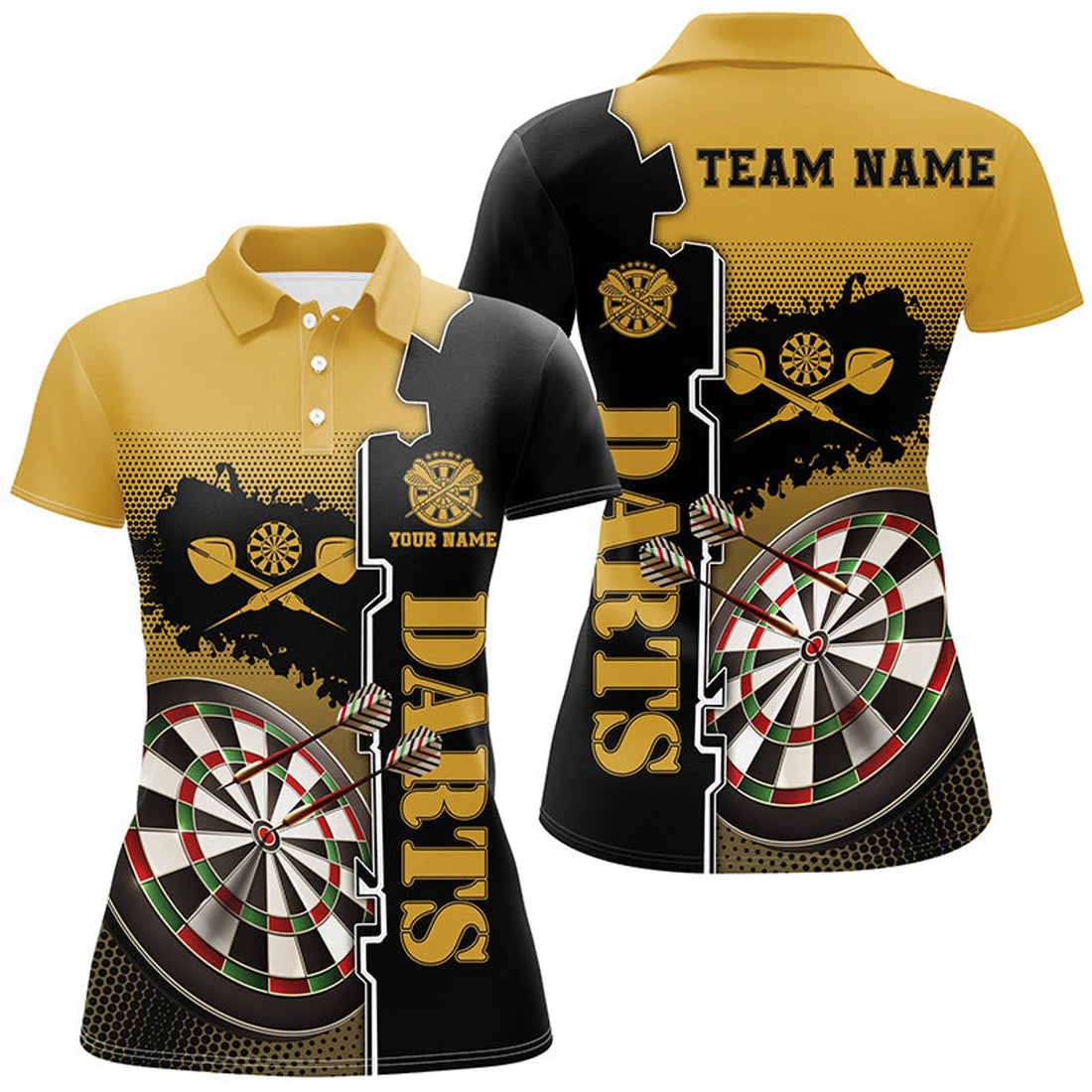 Custom Personalized Yellow Black Darts Polo Shirt Custom Darts Shirt For Women Darts Team Jersey