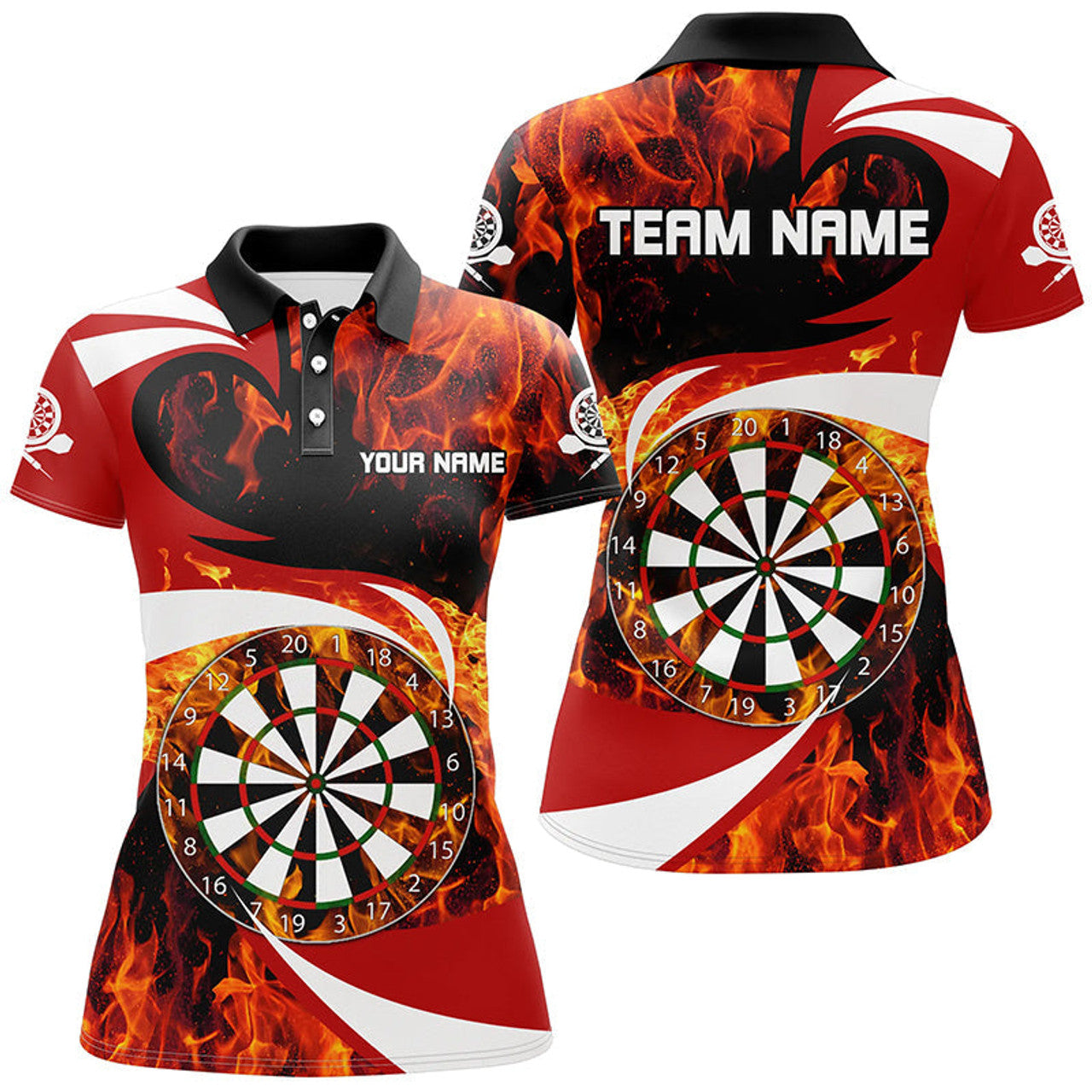 Custom Fire Flame Dartboard Womens Red Dart Polo Shirts Custom Darts Shirt For Women Dart Jerseys