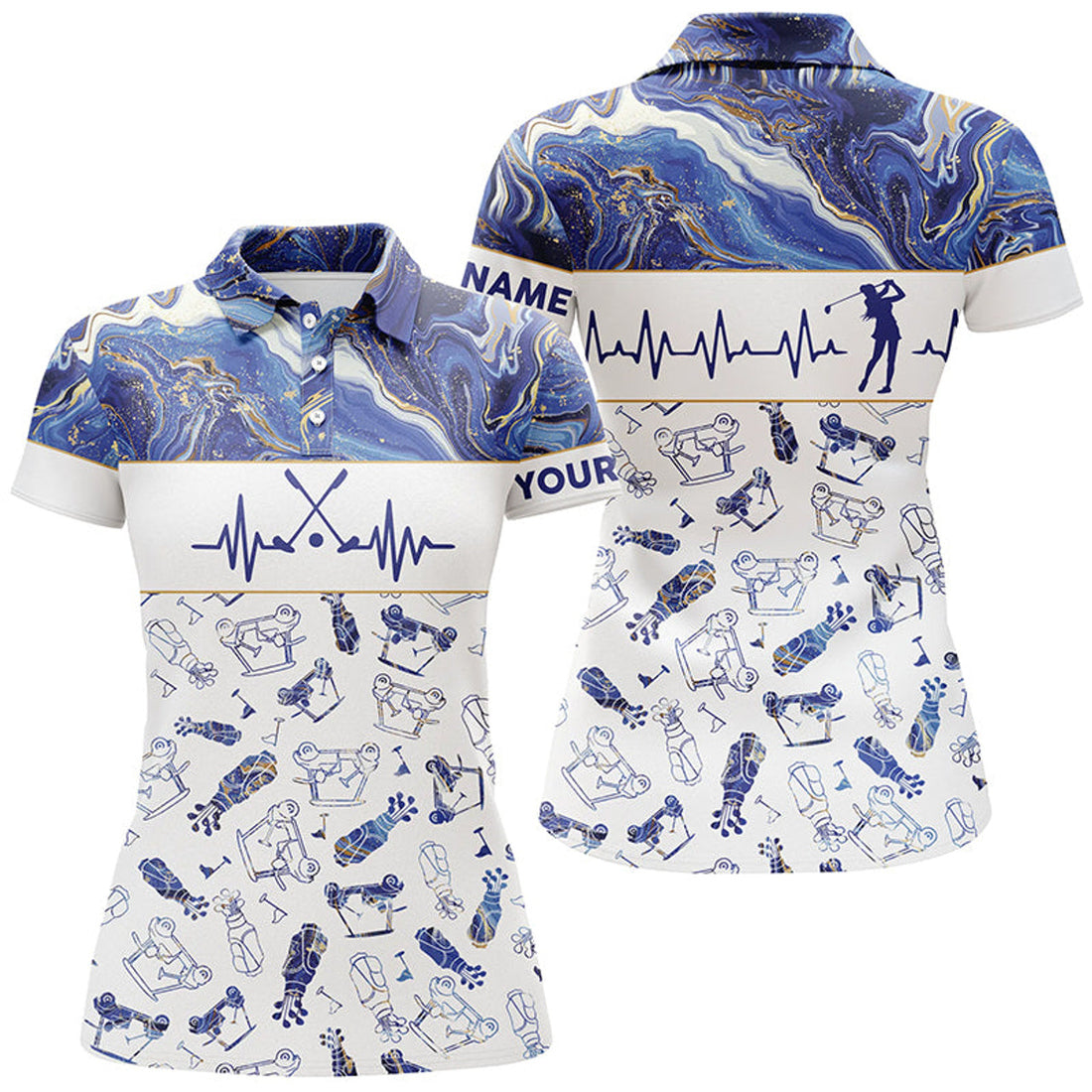 Custom Blue Seamless Womens Golf Polo Shirt Custom Name Heartbeat Golf Shirts For Women, Golf Gifts