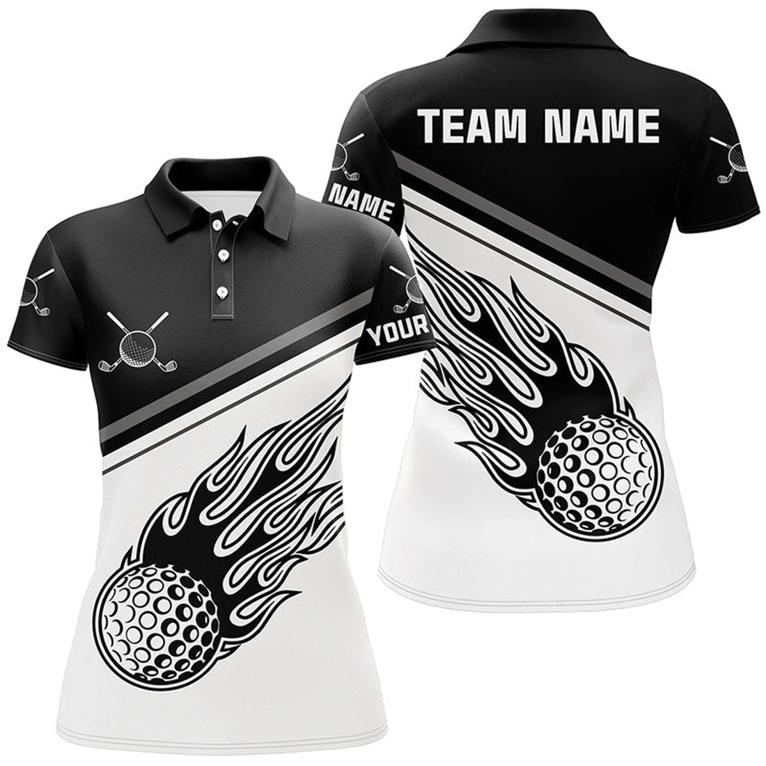 Custom Black White Flame Personalized Golf Polo Shirt Custom Golf Shirts For Women Cool Golf Gifts