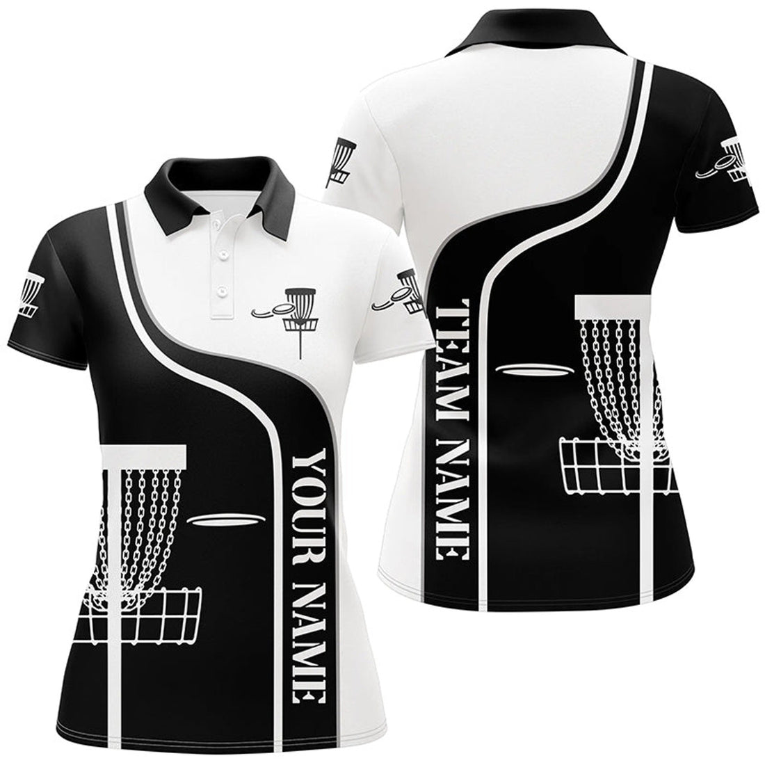 Personalized Disc Golf Basket Black White Womens Polo Shirt Custom Disc Golf Shirts For Women