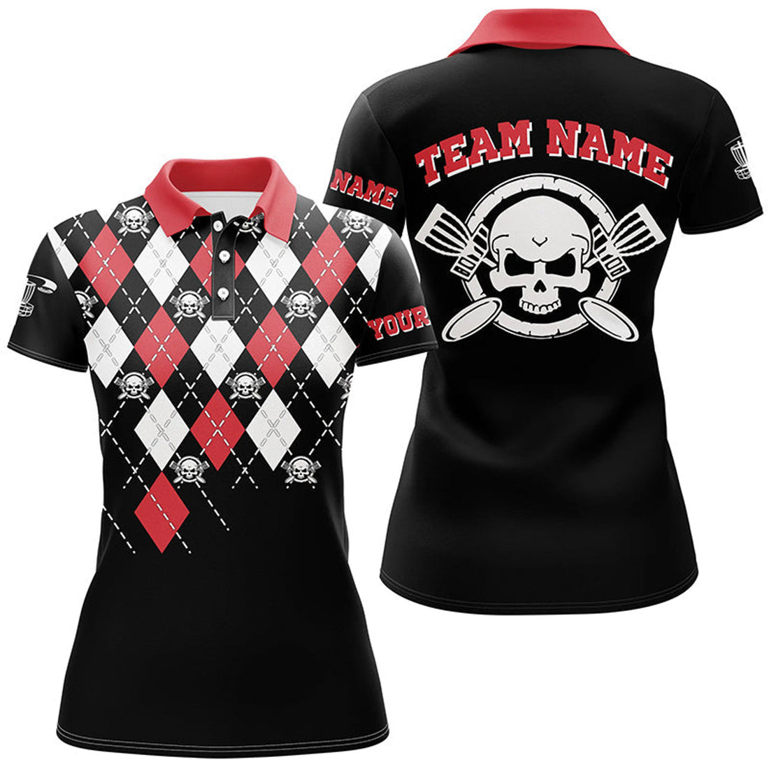 Custom Personalized Skull Argyle Pattern Disc Golf Polo Shirt Custom Disc Golf Team Shirts For Women
