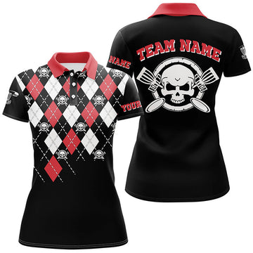 Custom Personalized Skull Argyle Pattern Disc Golf Polo Shirt Custom Disc Golf Team Shirts For Women