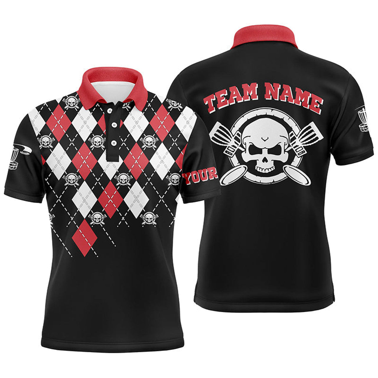 FUNSTUFFPRINT Personalized Skull Argyle Pattern Mens Disc Golf Polo Shirt Custom Disc Golf Team Shirts For Men Polo Shirt Size S-5XL
