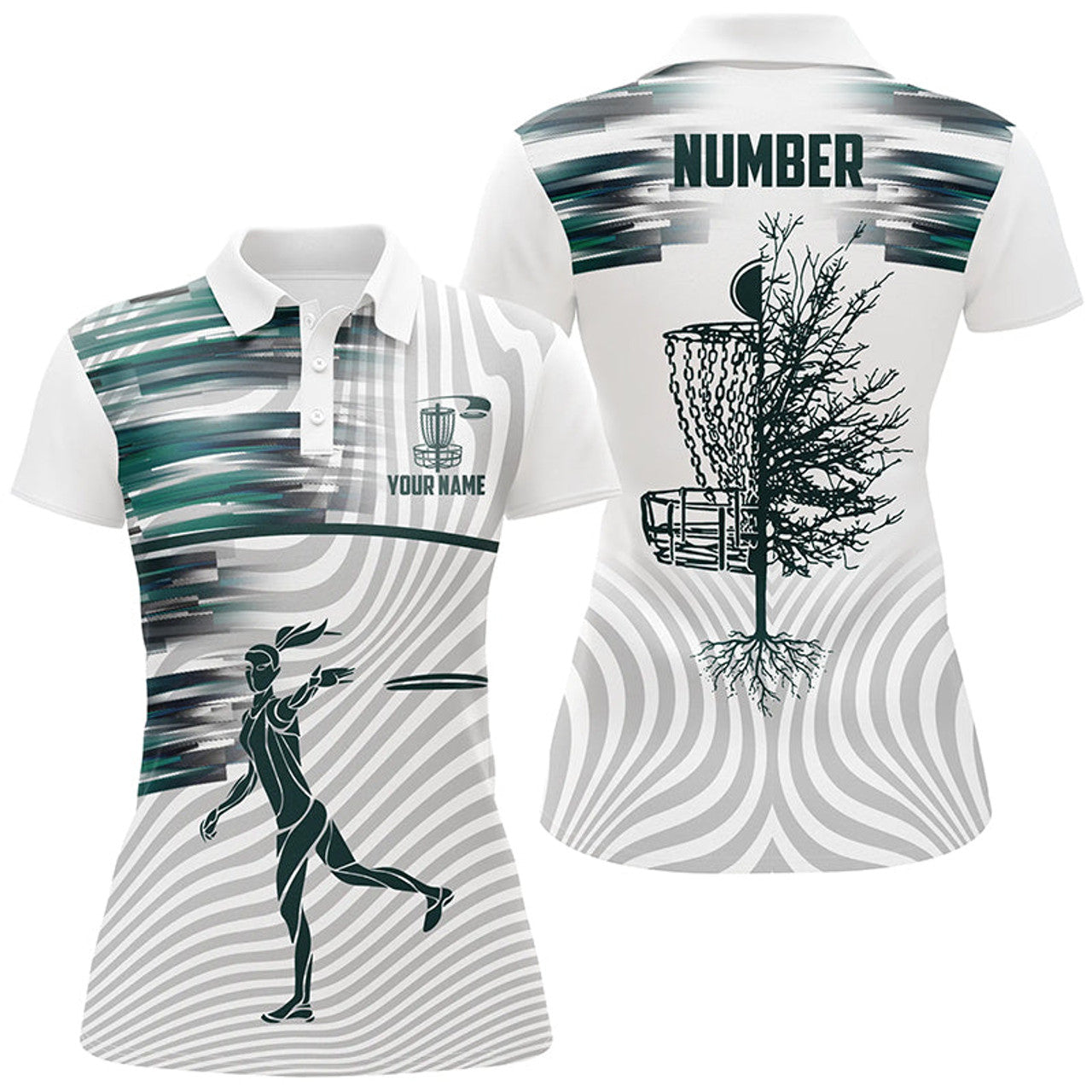 Custom Green White Womens Disc Golf Polo Shirts Custom Disc Golf Basket Tops For Women Golfing Gifts