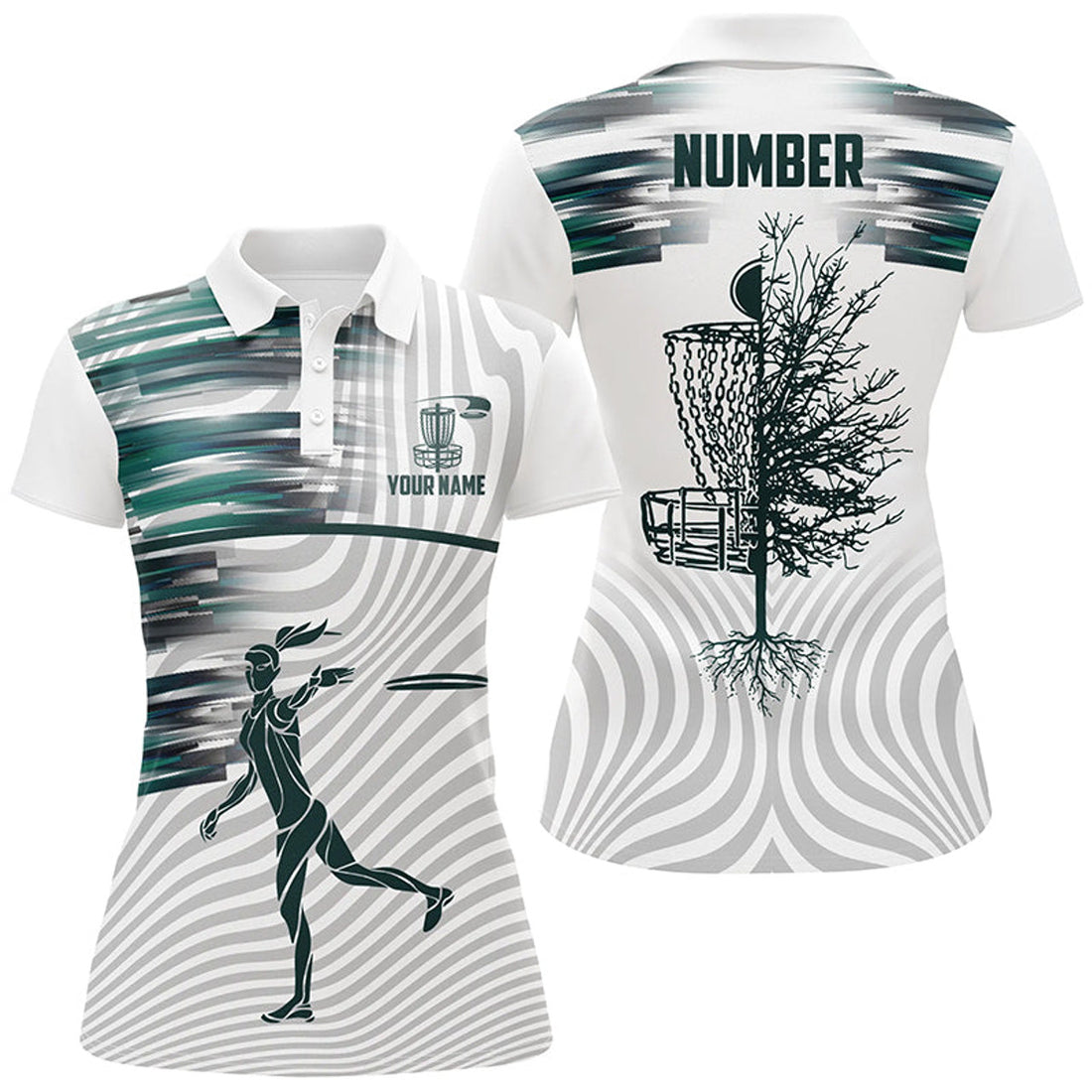 Custom Green White Womens Disc Golf Polo Shirts Custom Disc Golf Basket Tops For Women Golfing Gifts