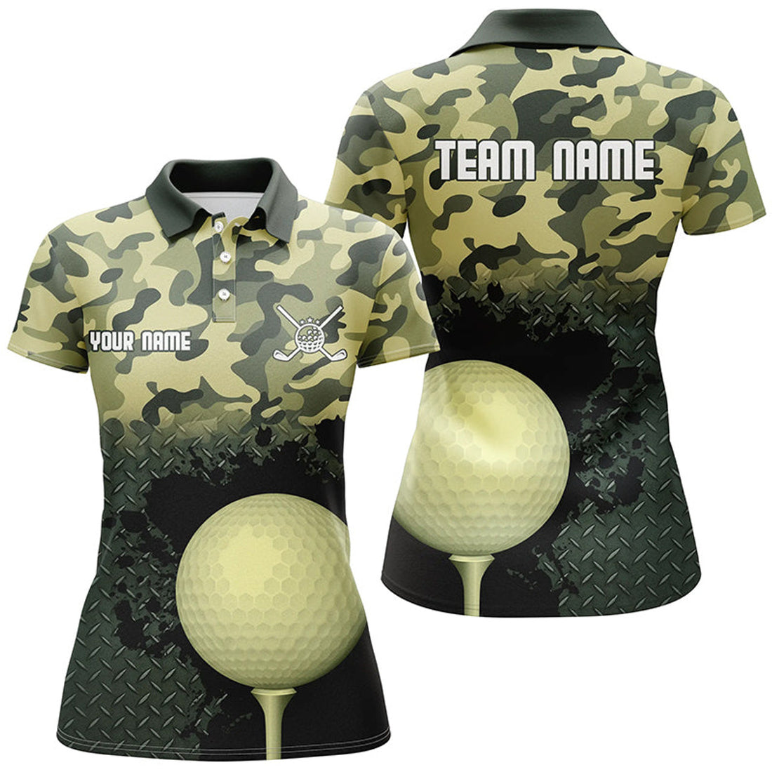 Custom Green Camo Womens Golf Polo Shirts Customized Camouflage Golf Shirts For Women, Golfer Gifts