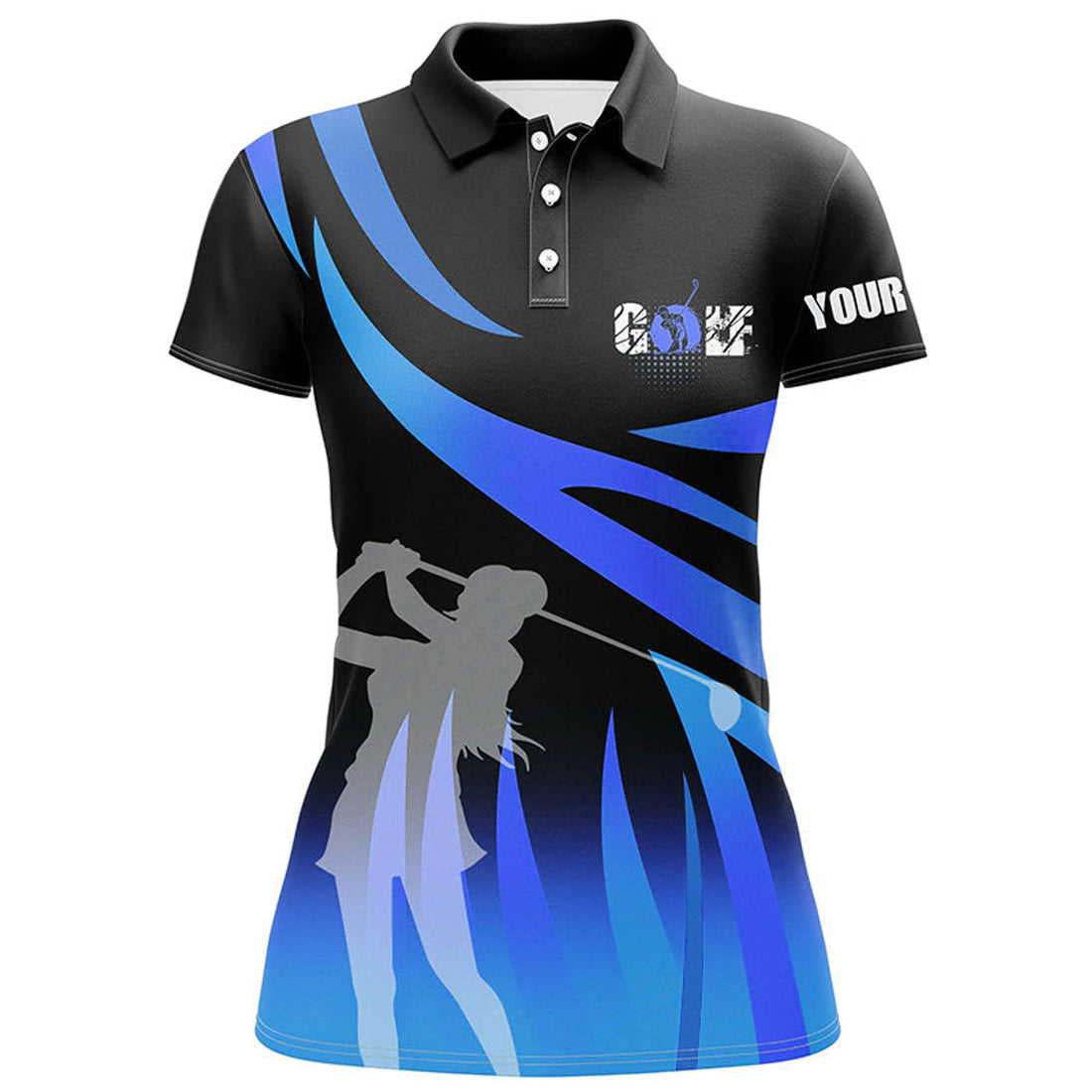 Custom Golf In Passion Black & Blue Flame Golf Polo Shirt Personalized Cool Golf Shirts For Women