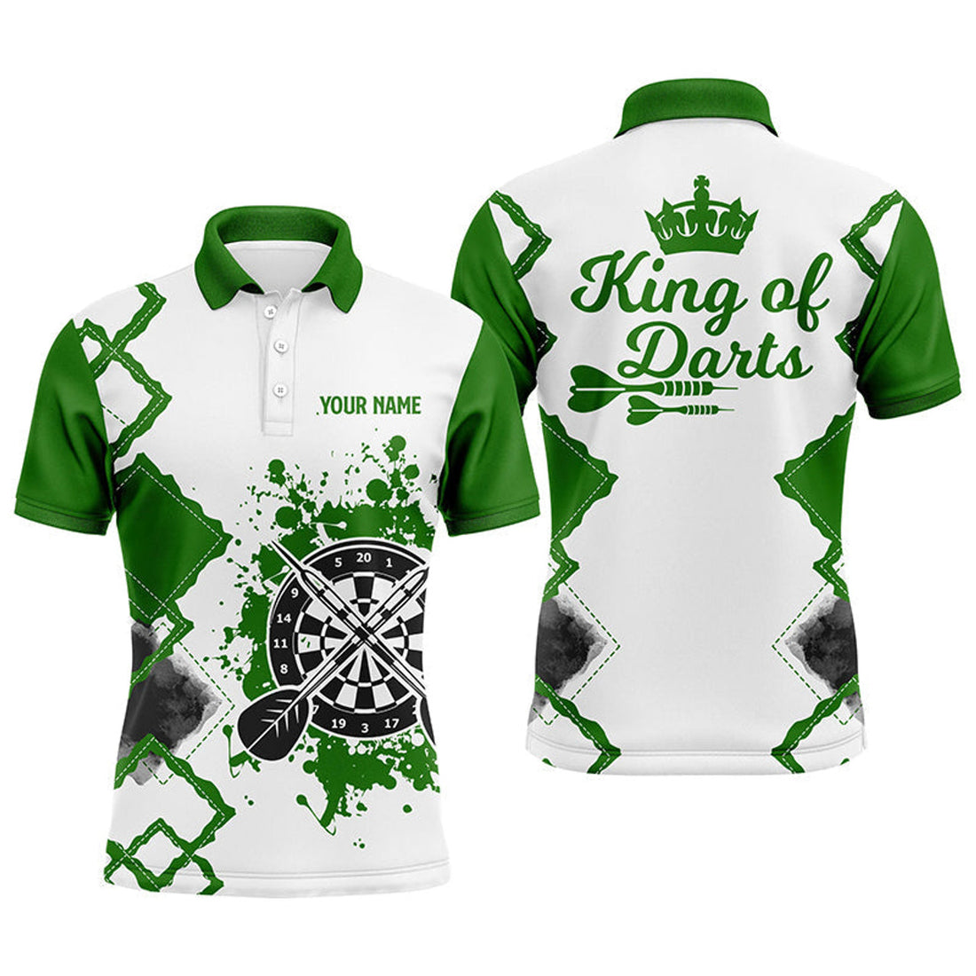 FUNSTUFFPRINT King Of Darts Green White Mens Darts Polo Shirt Customized Cool Darts Polo Shirt Size S-5XL