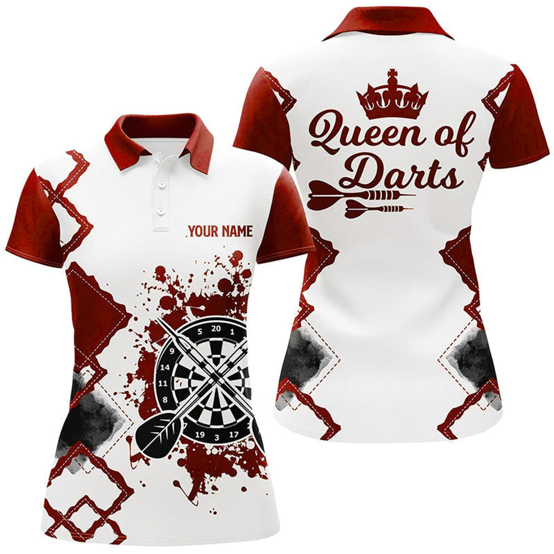 Custom Queen Of Darts Red White Womens Darts Polo Shirt Customized Cool Darts Jersey For Women