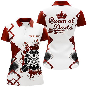 Custom Queen Of Darts Red White Womens Darts Polo Shirt Customized Cool Darts Jersey For Women
