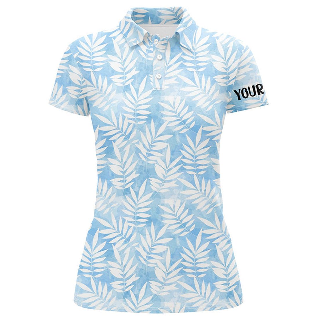Custom Watercolor Blue Leaves Tropical Pattern Womens Golf Polos Personalized Golf Tops For Women