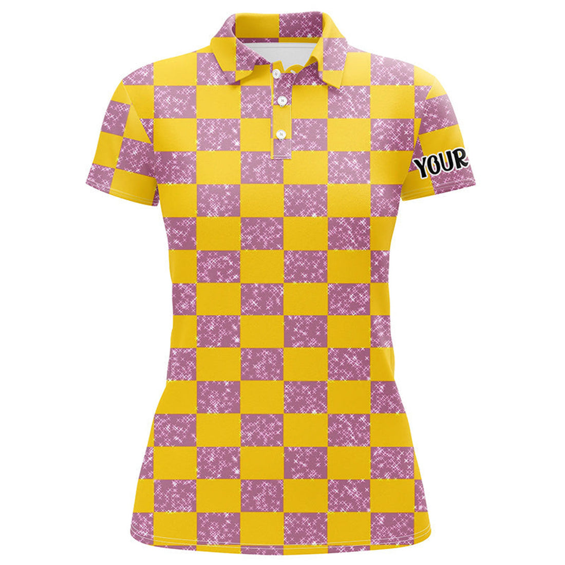 Custom Yellow Purple Twinkle Checkered Plaid Womens Golf Polo Shirt Personalized Golf Tops For Women