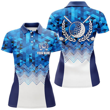 Custom Womens Blue Geometric Golf Polos Custom Triangle Pattern Golf Shirts For Women Cool Golf Gift