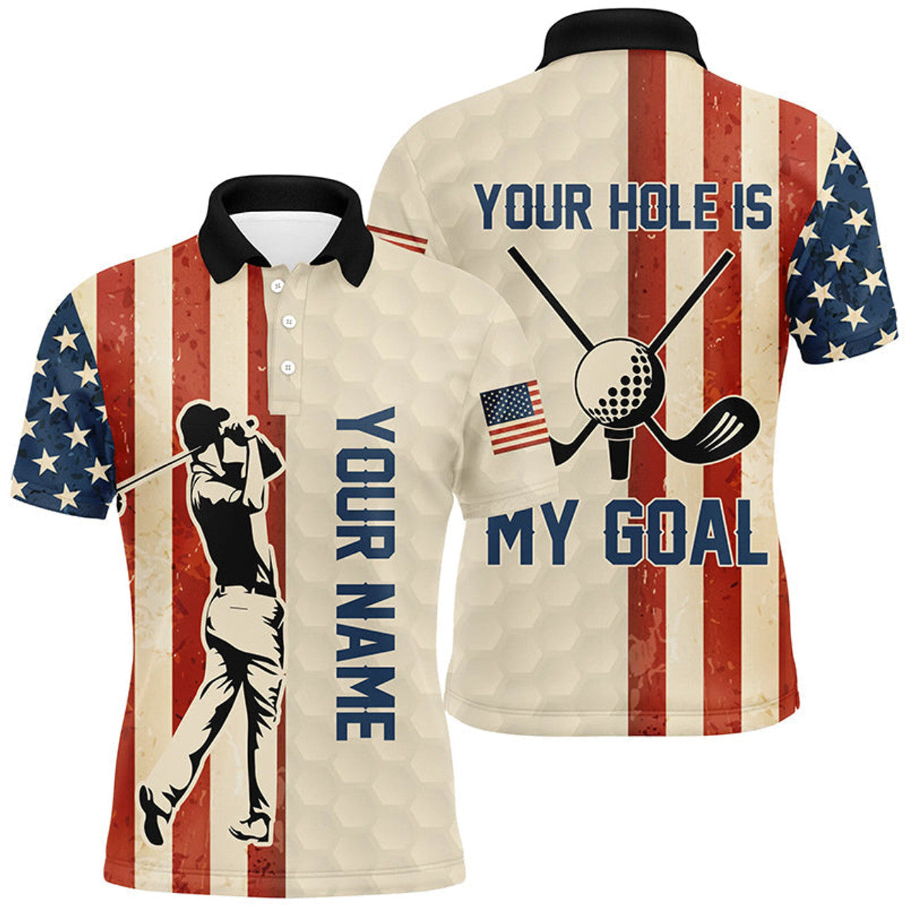 Custom Your Hole Is My Goal Vintage American Flag Mens Golf Polo Shirt Custom Patriotic Golf Shirts For Men