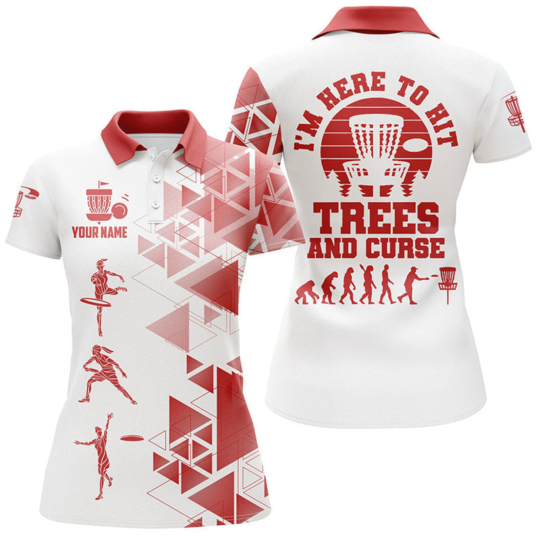 Custom Personalized Womens Red & White Disc Golf Polo Shirts, Evolution Disc Golf Shirts For Women