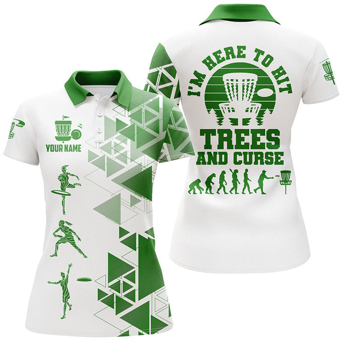 Custom Personalized Womens Green & White Disc Golf Polo Shirts, Evolution Disc Golf Shirts For Women