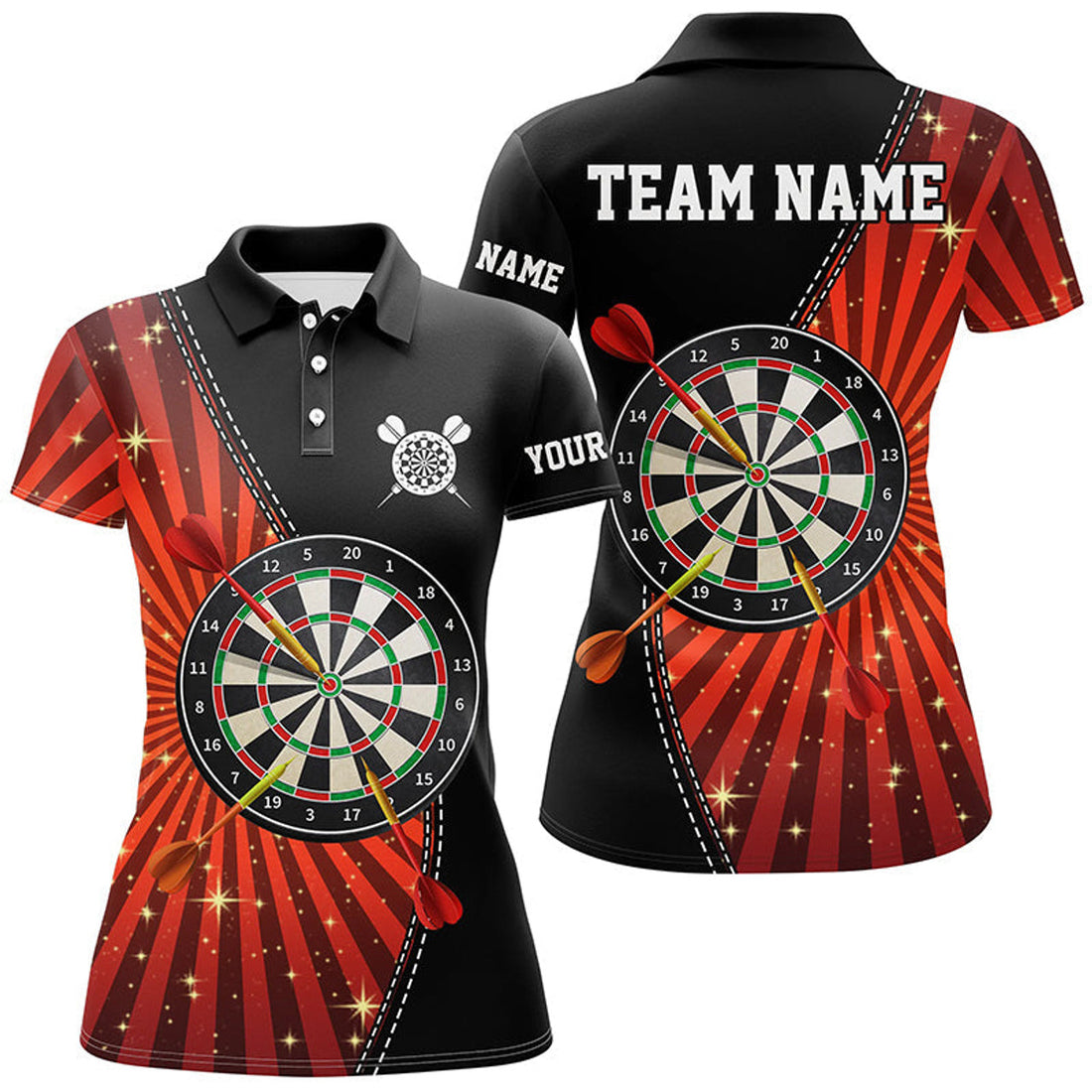 Custom Black Orange Halo Womens Darts Polo Shirt Custom Cool Darts Shirt For Women Dart Jerseys