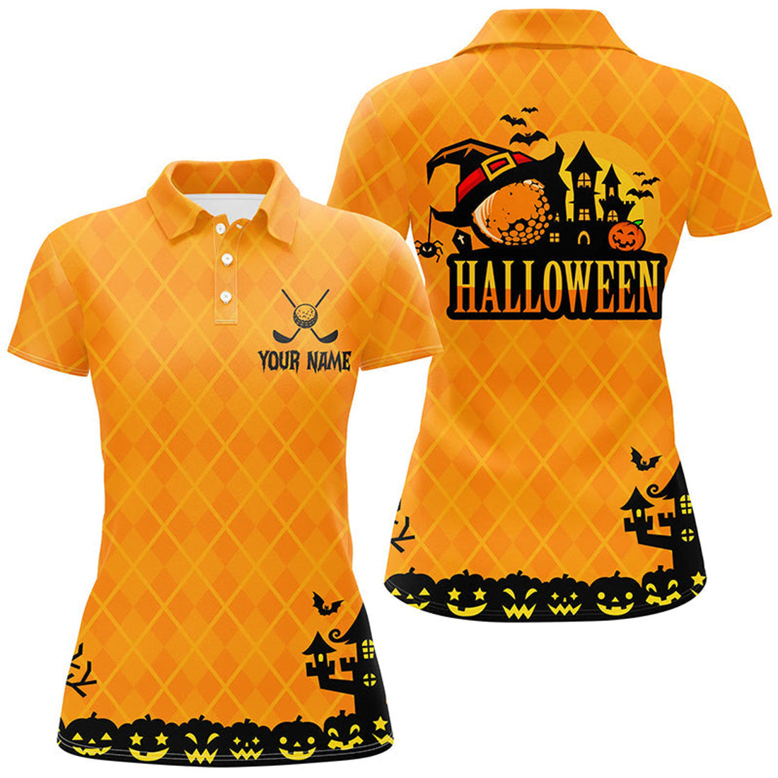 Custom Halloween Landscape Pumpkin Orange Argyle Golf Polo Shirts Custom Funny Golf Gifts For Women