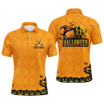Custom Halloween Landscape Pumpkin Orange Argyle Mens Golf Polo Shirts Custom Funny Golf Gifts For Men