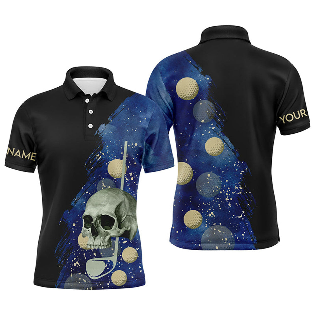Custom Water Color Golf Skull With Golf Ball Mens Polo Shirt, Custom Name Black Blue Golf Shirts For Men