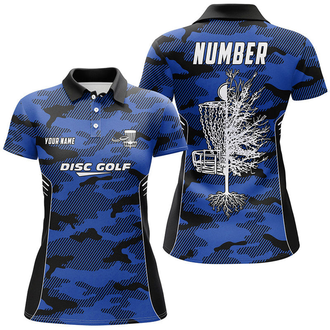 Custom Blue Camo Womens Disc Golf Polo Shirt Custom Camouflage Disc Golf Shirts For Women Golf Gifts