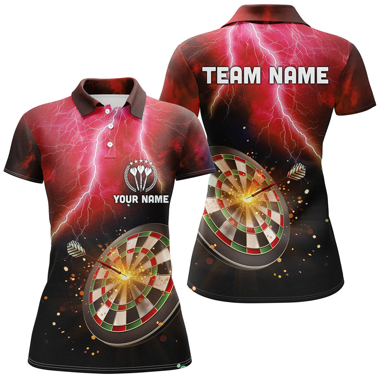 Custom Personalized Thunder Lightning Red Womens Darts Polo Shirt Custom Dart Jerseys For Women