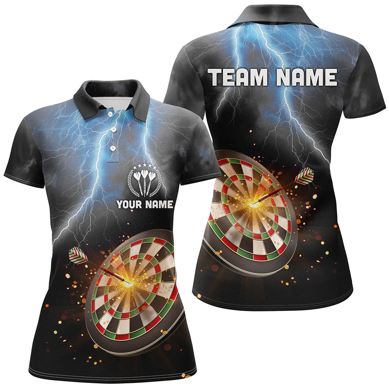 Custom Personalized Thunder Lightning Black Womens Darts Polo Shirt Custom Dart Jerseys For Women