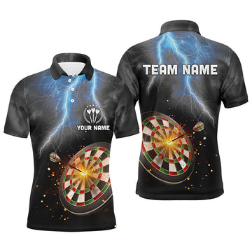 Personalized Thunder Lightning Black Mens Darts Polo Shirt Custom Dart Jerseys For Men