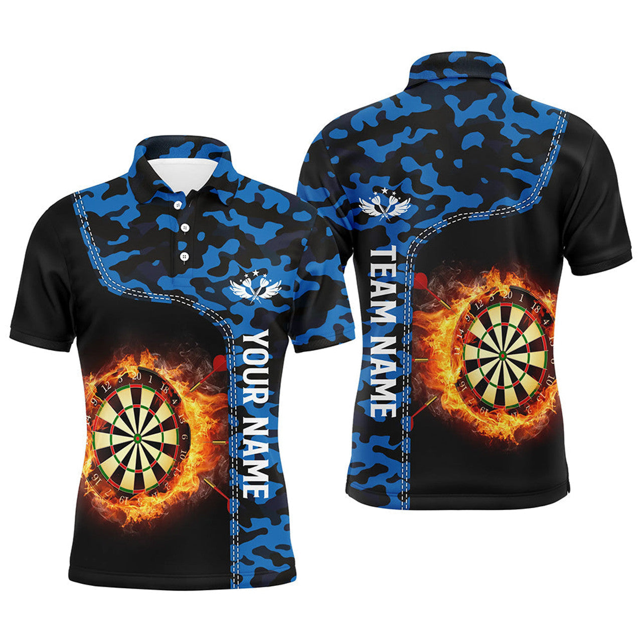 Custom Blue Camo Flame Darts Board Mens Polo Shirt Custom Darts Shirt For Men Dart Jerseys