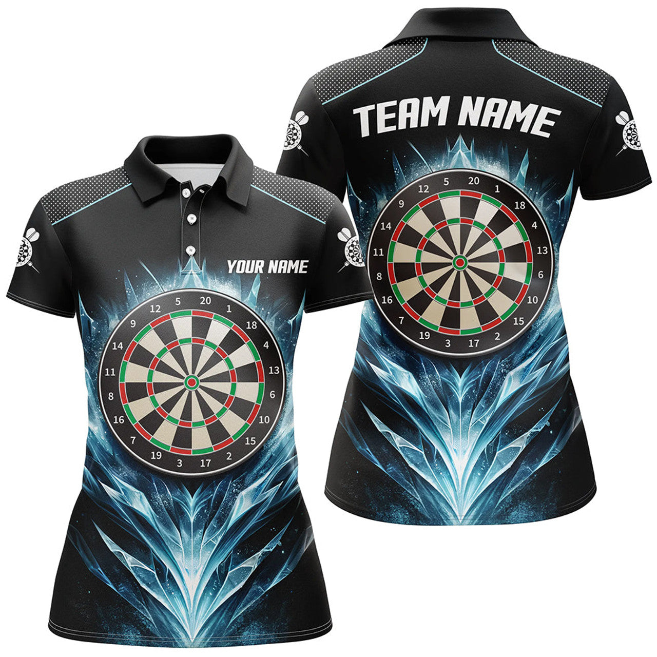 Custom Icy Blue Black Dartboard Womens Darts Polo Shirt Custom Darts Shirt For Women Dart Jerseys