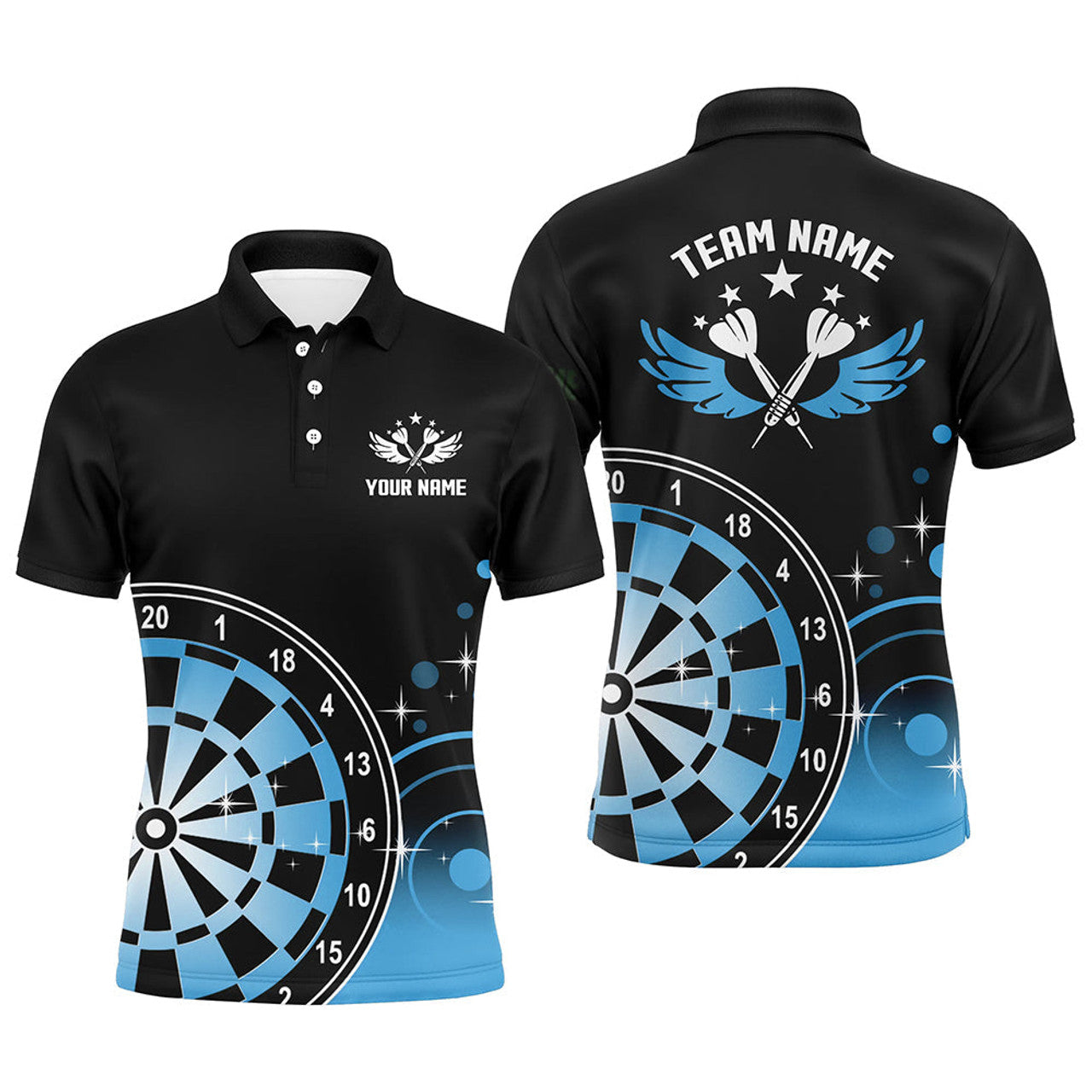 Personalized Darts Wings Black Blue Mens Polo Shirts Custom Mens Darts Shirt Dart Jerseys