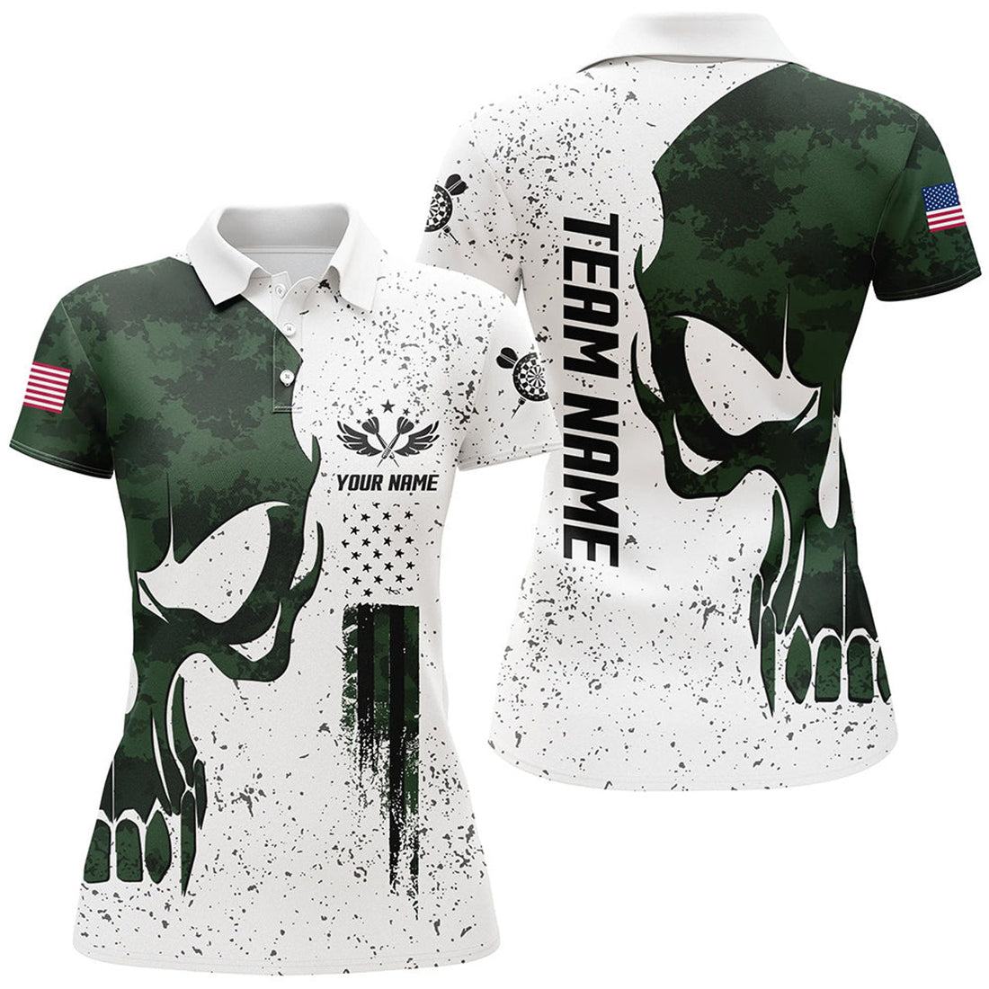 Custom Grunge Green Camo Skull American Flag Darts Polo Shirt Patriotic Dart Jerseys For Women