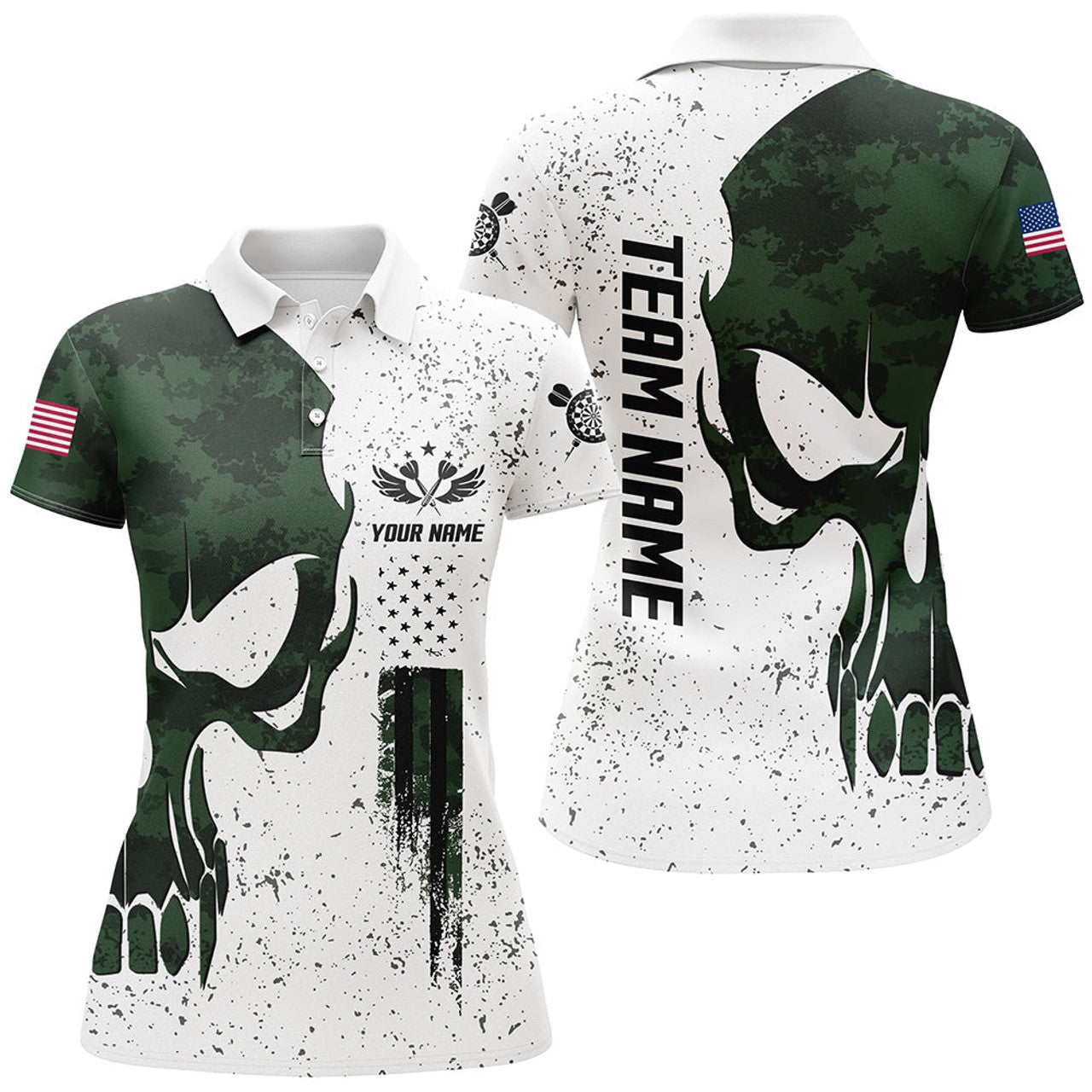 Custom Grunge Green Camo Skull American Flag Darts Polo Shirt Patriotic Dart Jerseys For Women