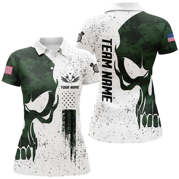Custom Grunge Green Camo Skull American Flag Darts Polo Shirt Patriotic Dart Jerseys For Women